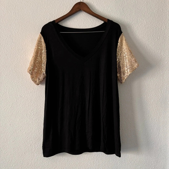 Sequin Short Sleeve Tee V Neck T Shirt Glitter Sparkles Loose Blouse Top 2XL - Picture 8 of 11